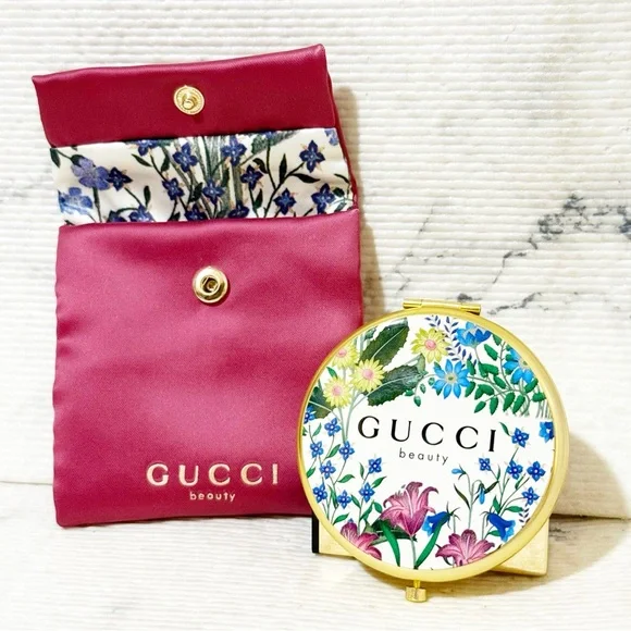 Gucci Beauty Flora Compact Mirror Antique Floral Design with Burgundy Snap Pouch - Picture 1 of 15